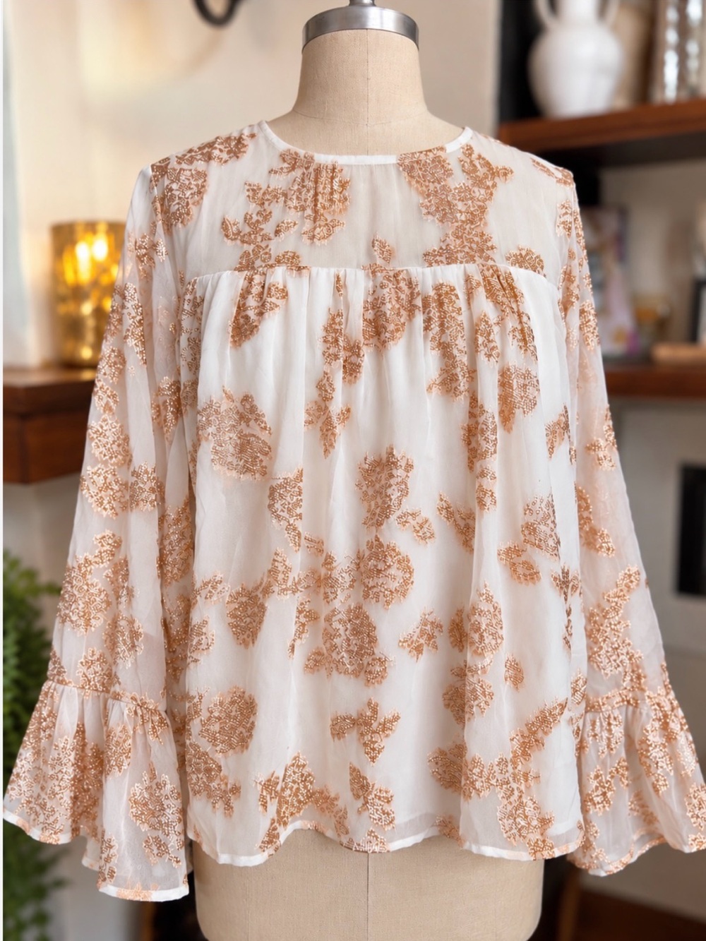 LOFT Metallic Floral Blouse Rose Gold Ivory Boho Babydoll Top S NWT